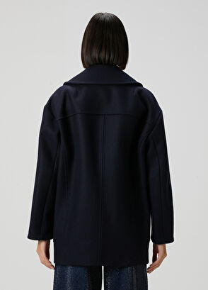 Oversize Lacivert Yün Kaşe Kaban - Görsel 7