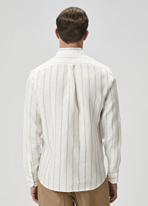 Beymen Club Comfort Fit Bej Çizgili Keten Gömlek - 5