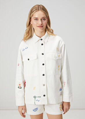 Beymen Club Oversize Kırık Beyaz Serpme Nakışlı Denim Ceket - 4