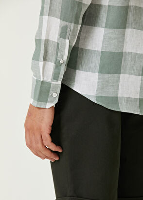 Beymen Club Comfort Fit Açık Haki Ekose Desenli Keten Gömlek - 7