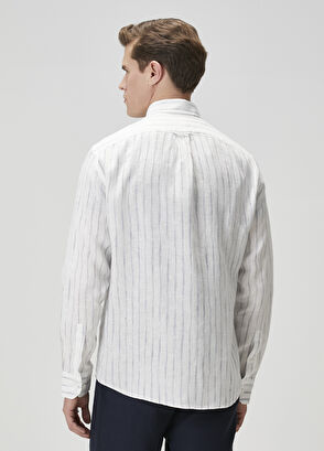 Beymen Club Comfort Fit White Line Patterned Linen Shirt - 6