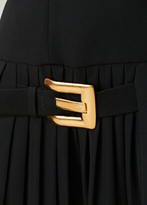 Siyah Kemer Detaylı Pileli Mini Yün Elbise - Görsel 6