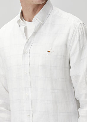 Beymen Club Comfort Fit Beyaz Ekose Desenli Keten Gömlek - 7