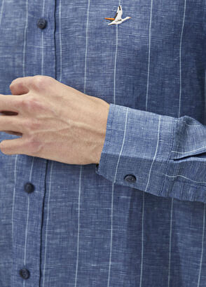 Beymen Club Navy Blue Faded Striped Comfort Fit Linen Shirt - 7