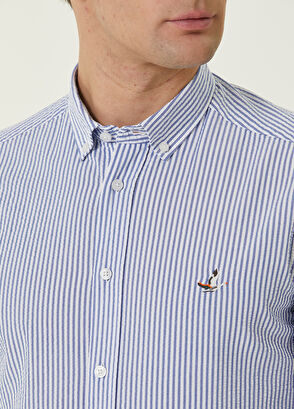 Beymen Club Comfort Fit Saks İnce Çizgili Gofreli Gömlek - 5