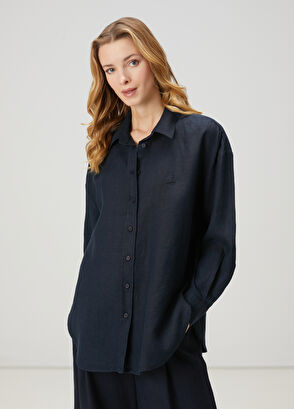 Beymen Club Oversize Navy Blue Linen Shirt - 4