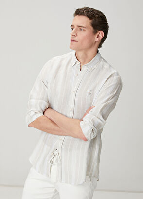 Beymen Club Light Khaki Striped Comfort Fit Linen Shirt - 9