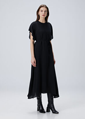 Siyah Beli Bağlamalı Midi İpek Elbise - Görsel 5