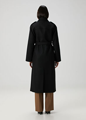 Siyah Kemer Detaylı Yün Palto - Görsel 7