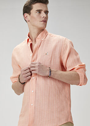 Beymen Club Comfort Fit Apricot Striped Linen Shirt - 5