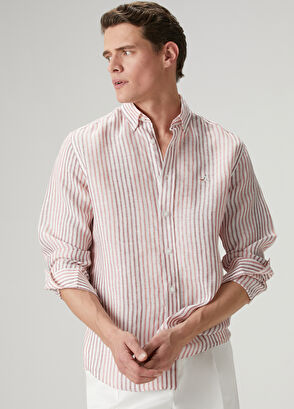 Beymen Club Comfort Fit White Burgundy Striped Linen Shirt - 9