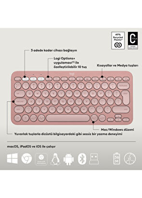 Logitech Pebble 2 Combo Multiple Quiet Pink Wireless Turkish Q Keyboard Mouse Set - 4