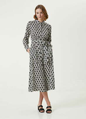 Beymen Club Siyah Beyaz Kaz Desenli Midi İpek Gömlek Elbise - 3