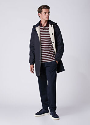 Beymen Club Navy Blue Beige Hooded Reversible Overcoat - 4