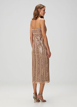 Bronz Payetli Midi Abiye Elbise - Görsel 6