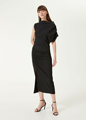 Academia Siyah Asimetrik Midi Elbise - 4