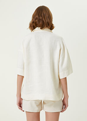 Beymen Club Ekru Gömlek Yaka Kuş Nakışlı Keten Bluz - 6