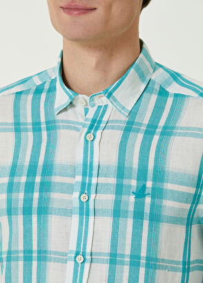 Beymen Club Comfort Fit Turkuaz Ekose Desenli Keten Gömlek - 5