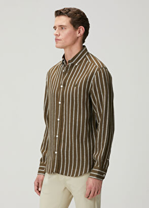 Beymen Club Comfort Fit Khaki Stripe Print Linen Shirt - 5