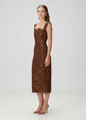 Kahverengi Midi Dantel Kokteyl Elbise - Görsel 4