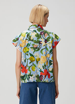 Beymen Collection Mavi Çiçekli Kısa Kol Poplin Gömlek - 6