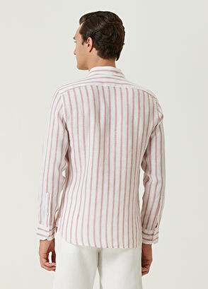 Beymen Club Slim Fit Dark Pink Thick Striped Linen Shirt - 5
