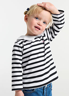 Jacadi Paris Lacivert Beyaz Taraklı Yaka Uzun Kollu Breton Kız Bebek T-Shirt - 6