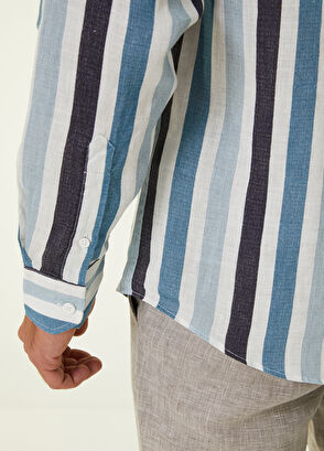 Beymen Club Comfort Fit Mavi Kalın Çizgi Desenli Keten Gömlek - 6