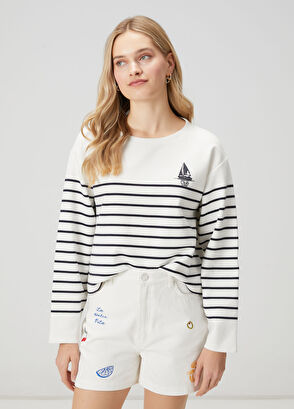 Beymen Club Lacivert Beyaz Baskılı Çizgili Sweatshirt - 4