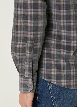 Beymen Club Bordo Gri Ekose Desenli Kadife Gömlek - 7