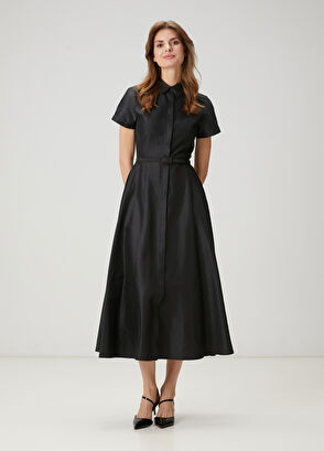 Beymen Club Black Belted Midi Taffeta Shirt Dress - 4