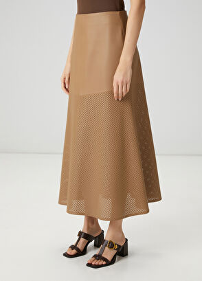 Beymen Club Aline Leather Skirt With Dark Beige Perforated Det - 4