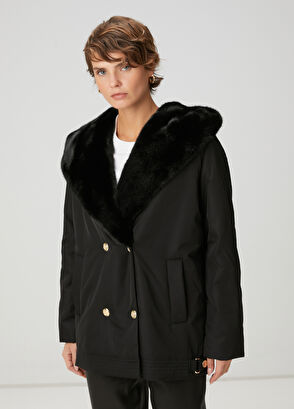 Beymen Club Siyah Kapüşonlu Kruvaze Kaban - 4