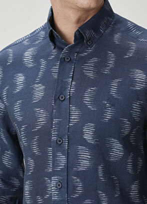 Beymen Club Comfort Fit Navy Blue Patterned Linen Shirt - 7