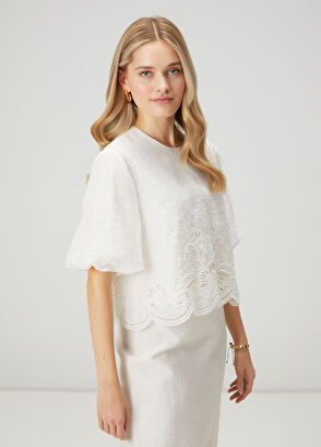 Beymen Club Kırık Beyaz Nakışlı Balon Kol Bluz - 4