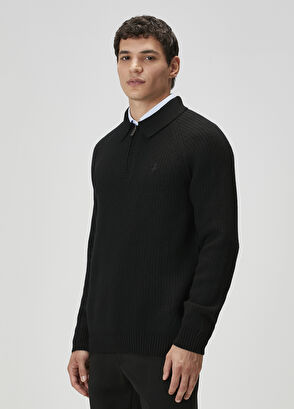 Beymen Club Black Knitted Textured Wool Polo Sweater - 4