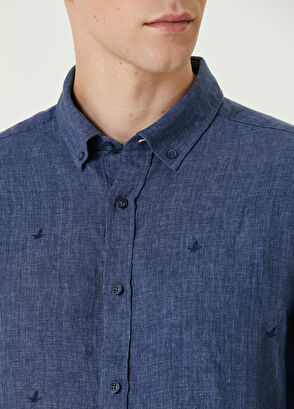 Beymen Club Comfort Fit Lacivert Mini Kaz Nakışlı Keten Gömlek - 6