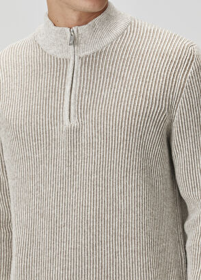 Beymen Club Bej Vizon Yakası Fermuarlı Kazak - 5