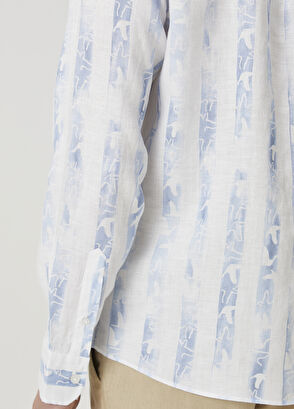 Beymen Club Comfort Fit Mavi Logo Desenli Çizgili Keten Gömlek - 7