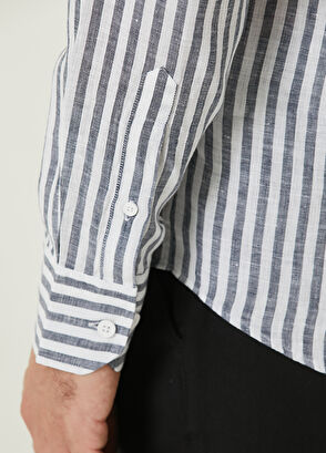 Beymen Club Comfort Fit Lacivert Sarı Çizgili Keten Gömlek - 7