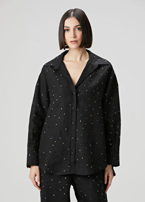 Siyah Taş Detaylı Keten Gömlek - Görsel 6