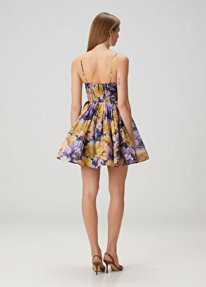 Lacivert Çiçekli Mini Keten Kokteyl Elbise - Görsel 5