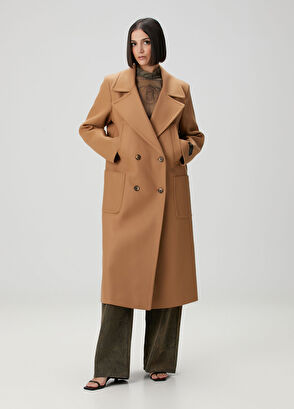 Camel Kruvaze Yün Palto - Görsel 4