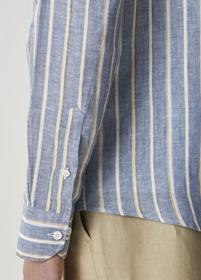 Beymen Club Comfort Fit Blue Stripe Patterned Linen Shirt - 8