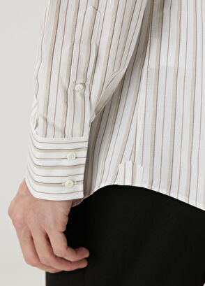 Brunello Cucinelli Kahverengi Beyaz Çizgi Desenli Gömlek - 6