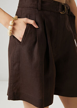 Beymen Club Kahverengi Pileli Rahat Kesim Keten Şort - 6