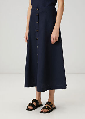 Beymen Club Midi Linen Skirt With Navy Blue Buttons - 3