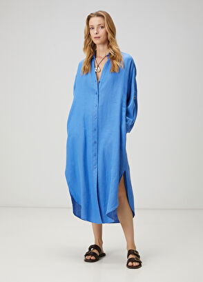 Beymen Club Blue Midi Linen Shirt Dress - 4