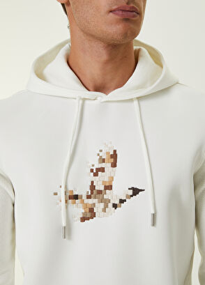 Beymen Club Beyaz Kapüşonlu Piksel Kaz Nakışlı Garnili Kazak - 5