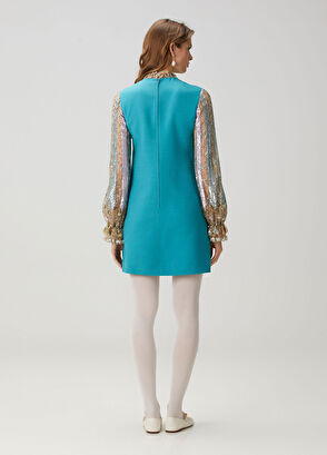 Valentino Mavi Payet İşlemeli Mini Yün Elbise - 4